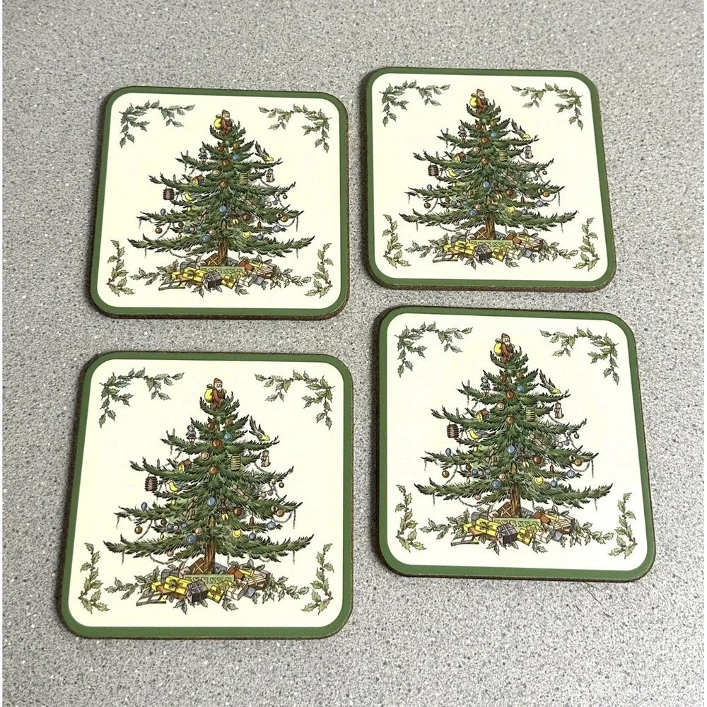 Vintage Spode Christmas Tree Pimpernel Hard Coasters Back Placemats Set Of 4